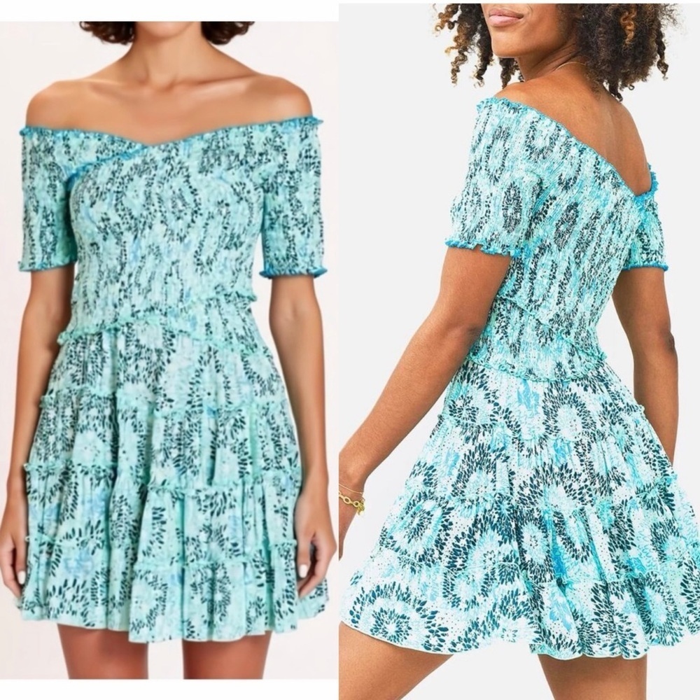 NWT Poupette St Barth Aqua Sunflower Soledad Smocked Crossover Mini Dress Medium